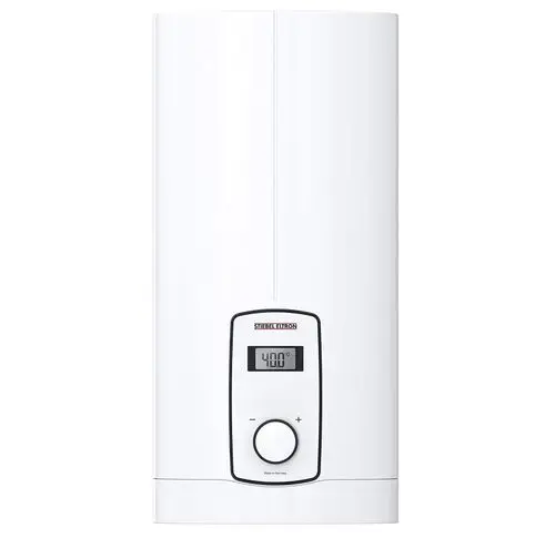 Weißer Durchlauferhitzer von Stiebel-Eltron mit digitalem Display und Temperatureinstellung, geeignet für komfortable Warmwasserversorgung.